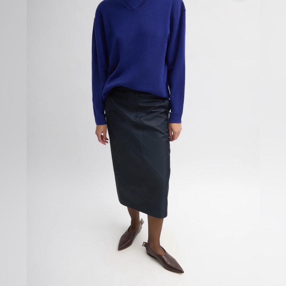 Tibi Navy Nylon Midi Pencil Skirt
